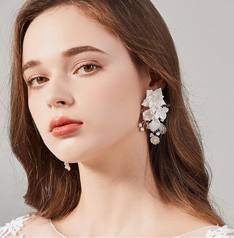 Tiadora, Romantic beaded floral bridal earrings
