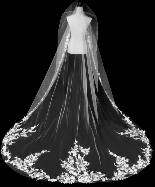 Angelica - Royal 3D floral lace cathedral veil with Free blusher
