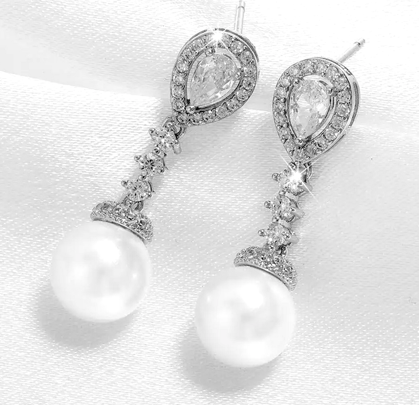 Minea, Elegant CZ pearl drop bridal earrings