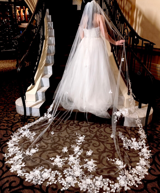 Kenia – Floral lace Regal long cathedral wedding veil and Free blusher