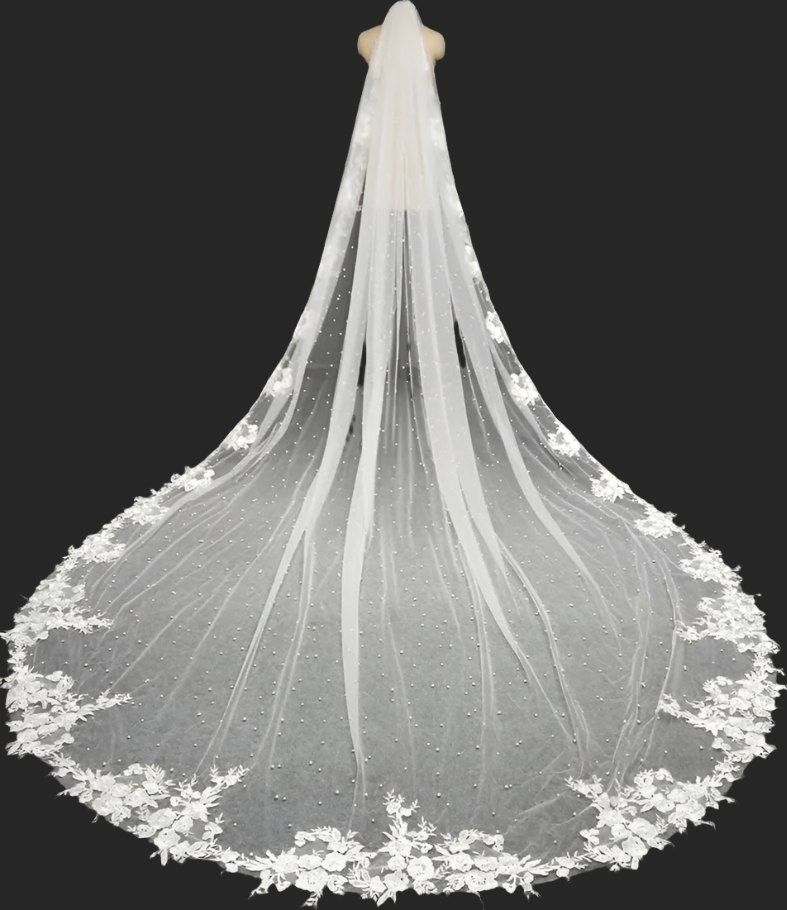 Ariel - Scattered pearl flower lace cathedral veil