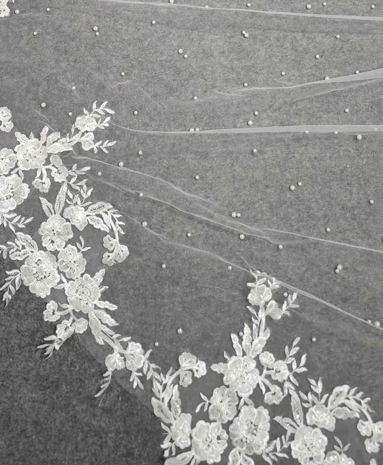 Ariel - Scattered pearl flower lace cathedral veil