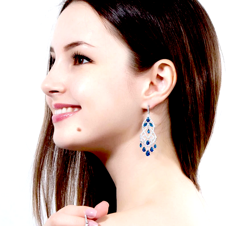 Giulianablue - Crystal CZ blue chandelier drop bridal earrings