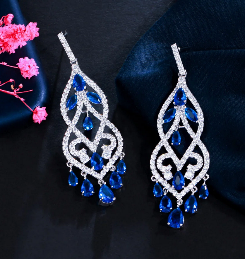 Giulianablue - Crystal CZ blue chandelier drop bridal earrings