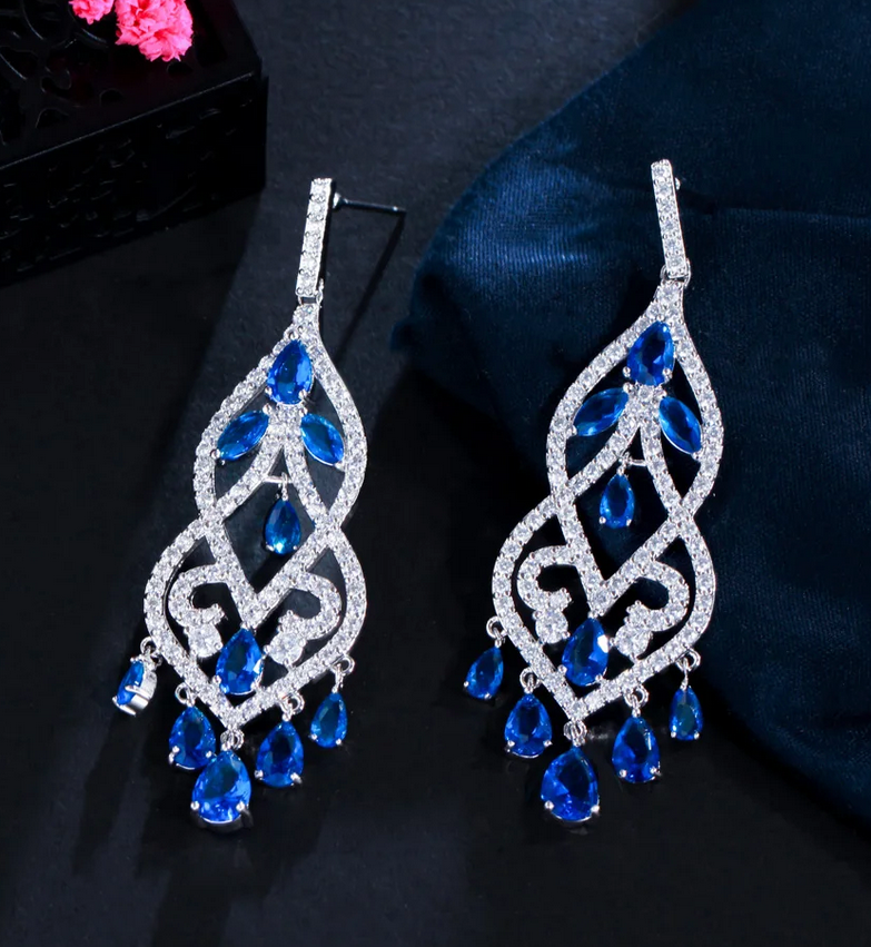 Giulianablue - Crystal CZ blue chandelier drop bridal earrings