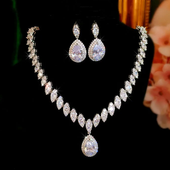 Margie - Timeless wedding crystal drop necklace set