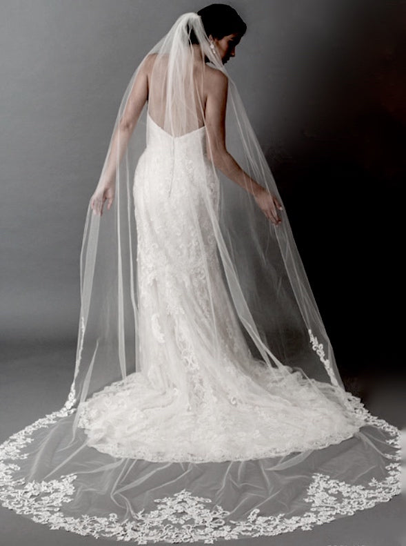Sarina - Vintage french lace cathedral veil with Free blusher