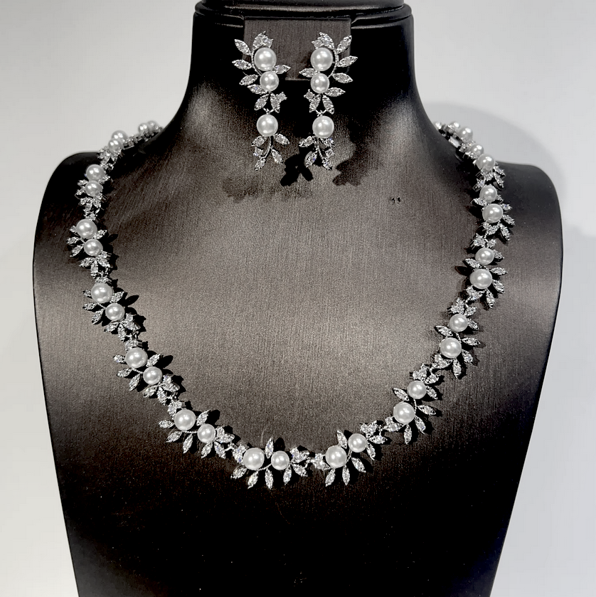Autumn - Elegant CZ vine and pearl wedding necklace and earring set
