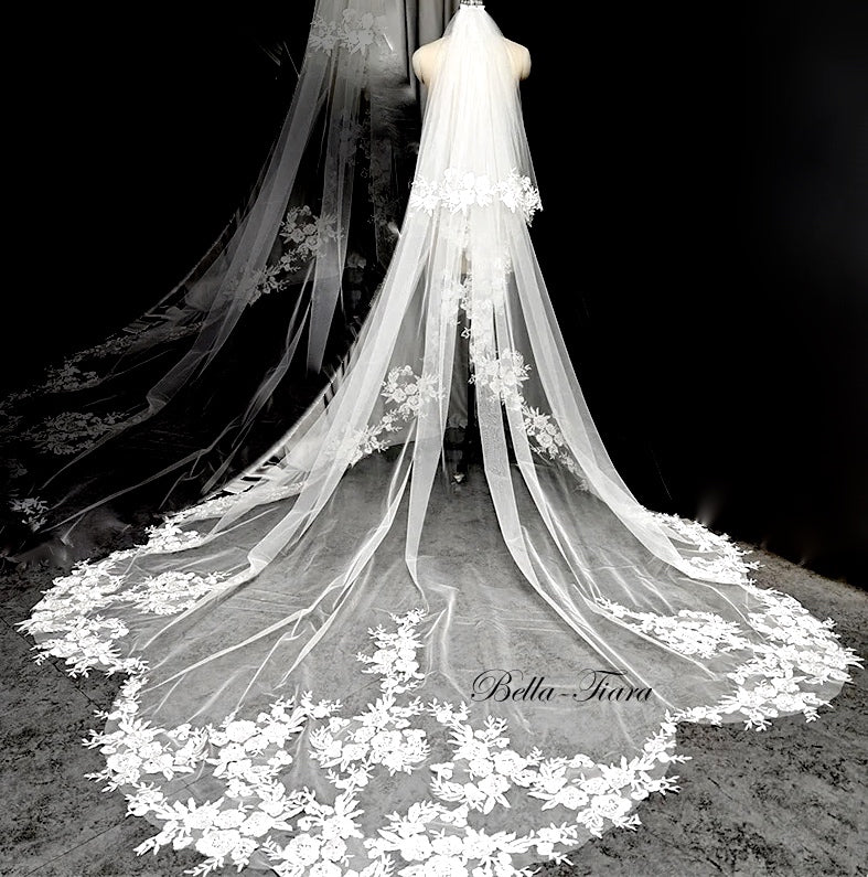 Kendra – Beaded floral lace cathedral wedding veil with blusher