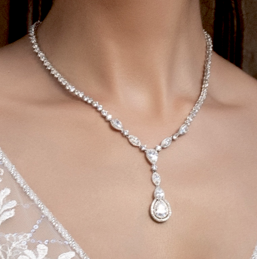 Princess Mia - Elegant Crystal CZ tear drop wedding necklace set