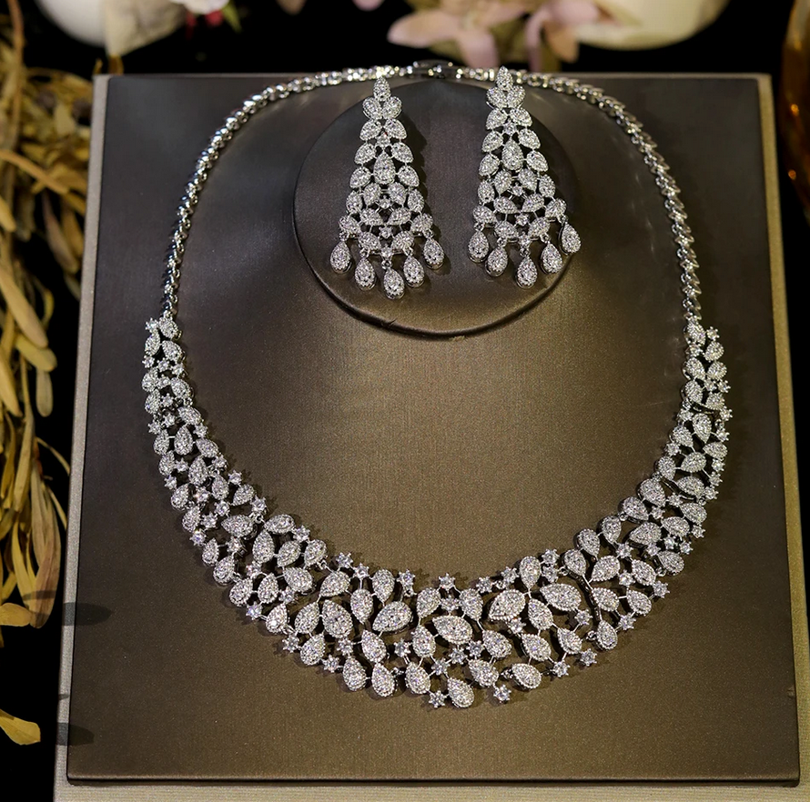 Ana - Stunning White Gold Moissanite diamond crystal bridal necklace set