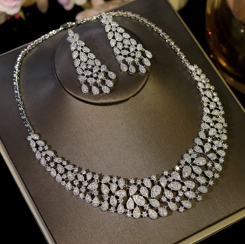 Ana - Stunning White Gold Moissanite diamond crystal bridal necklace set