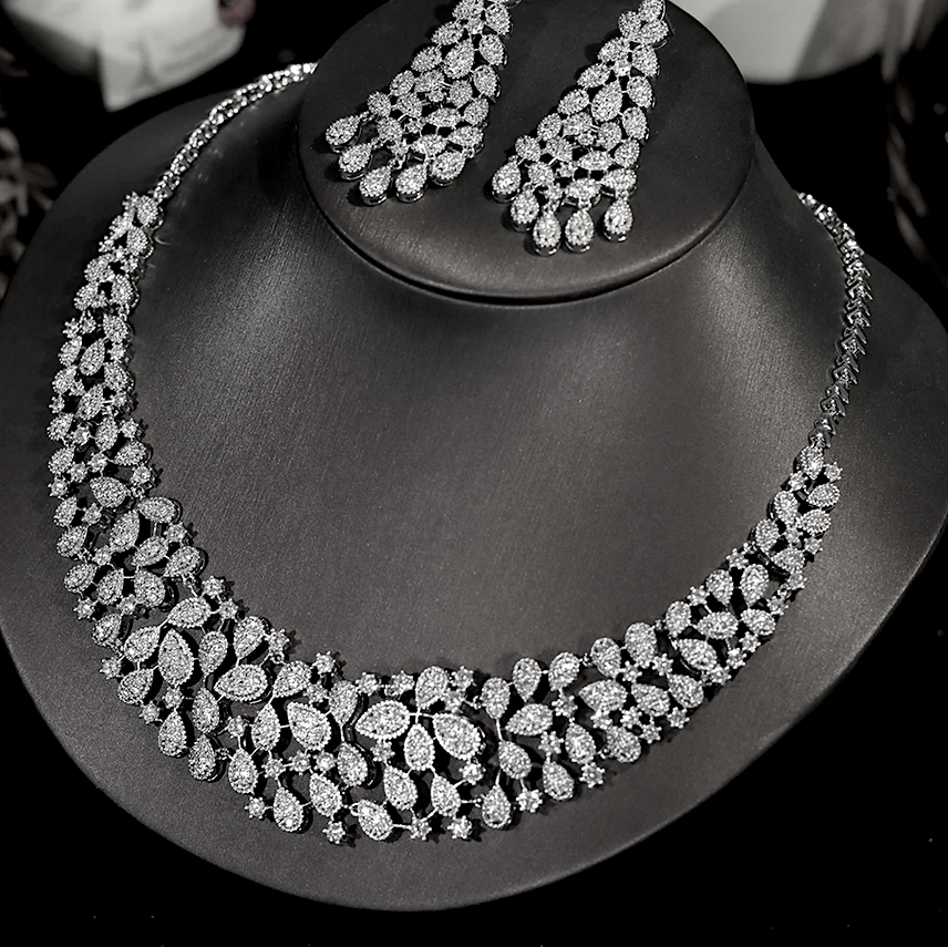 Ana - Stunning White Gold Moissanite diamond crystal bridal necklace set