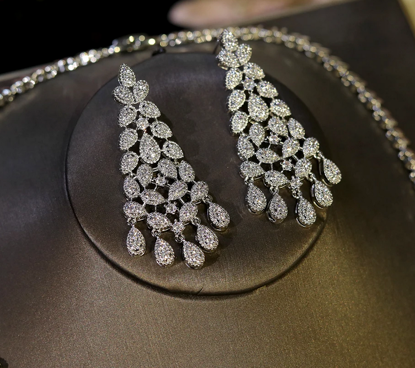 Ana - Stunning White Gold Moissanite diamond crystal bridal necklace set