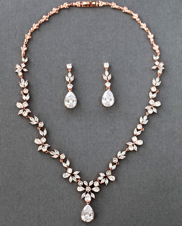 Darcy - Rose gold CZ vine crystal bridal necklace set