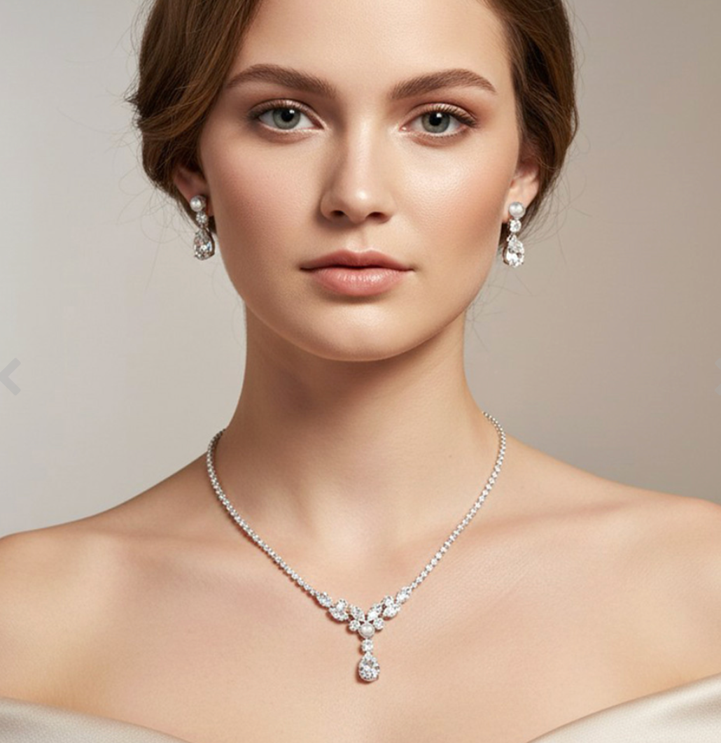 Gracie - Elegant Timeless cz pearl drop bridal necklace set