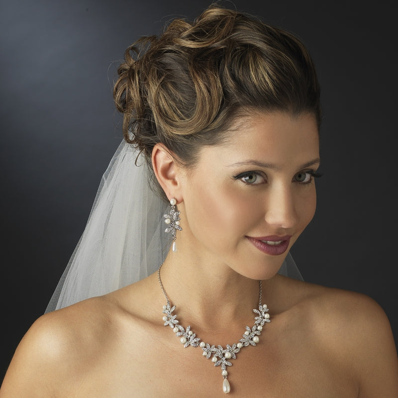 Isela - Timeless cz pearl drop bridal necklace set