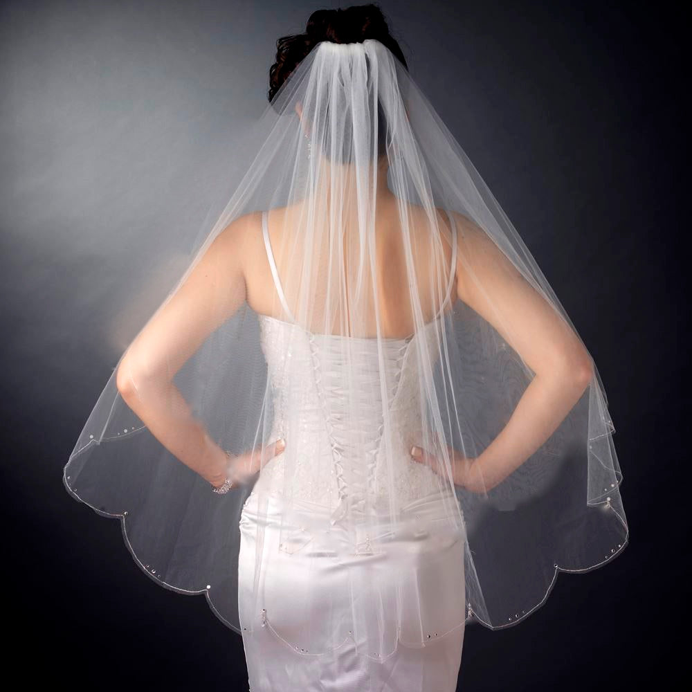 Leandra - Elegant fingertip Scalloped edge crystal wedding veil
