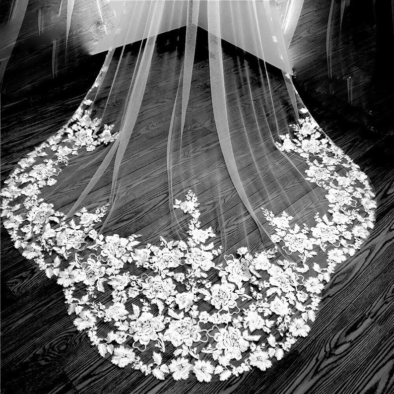 Fioralisa - Stunning Flower lace cathedral royal veil with Free Blusher