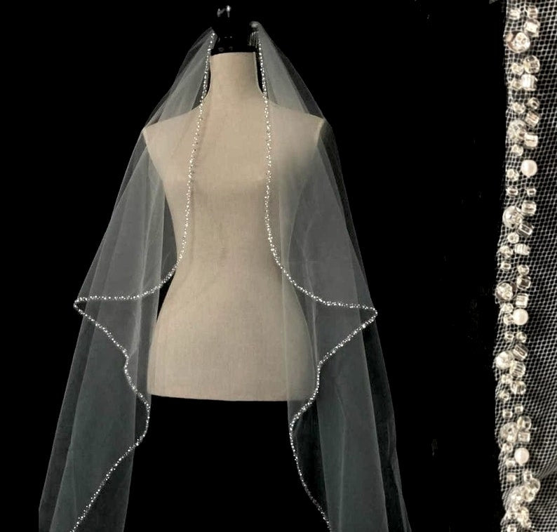 Brooklyn – Pearl and crystal edge cathedral waterfall veil