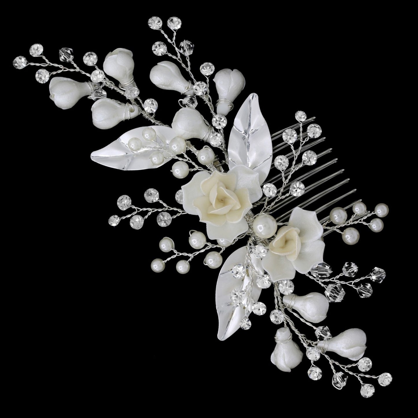 Zoe - Crystal porcelain rose flower bridal hair comb