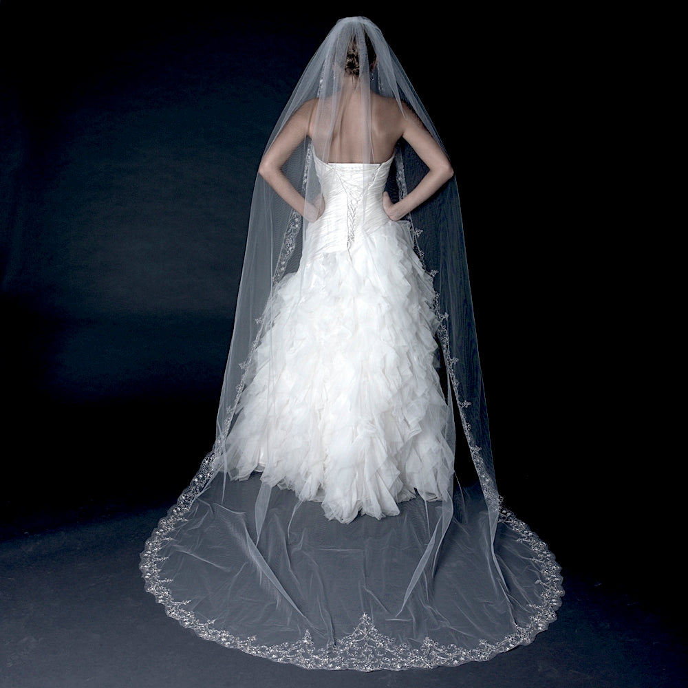 Lidia - Royal Crystal Beaded Cathedral wedding veil, light ivory / with blusher add Free Lidia - Royal Crystal Beaded Cathedral wedding veil, light ivory / with blusher add Free