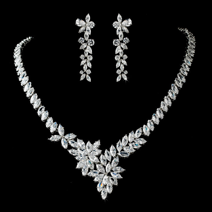 Alessia - Simulated Diamond CZ elegant vine bridal necklace set