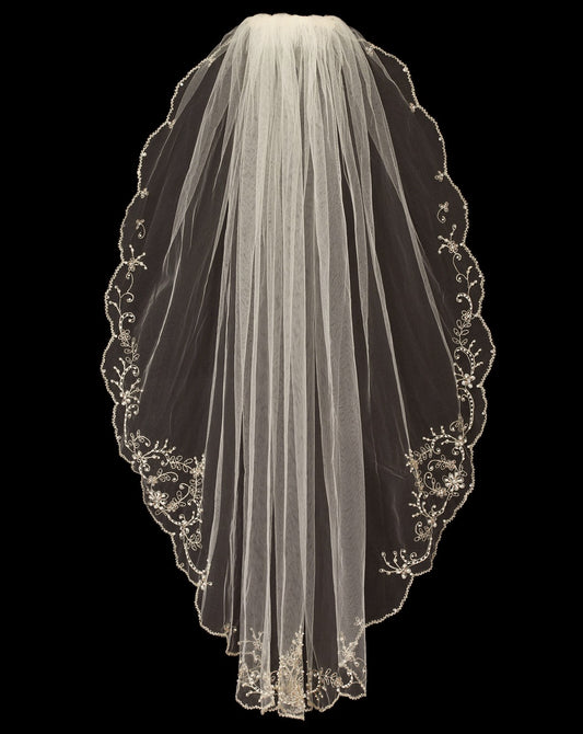 Kate – Vintage champagne gold beaded pearl trim wedding veil