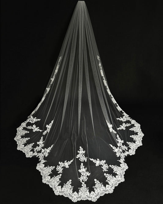 MaryElizabeth - English tulle beaded french lace cathedral wedding veil