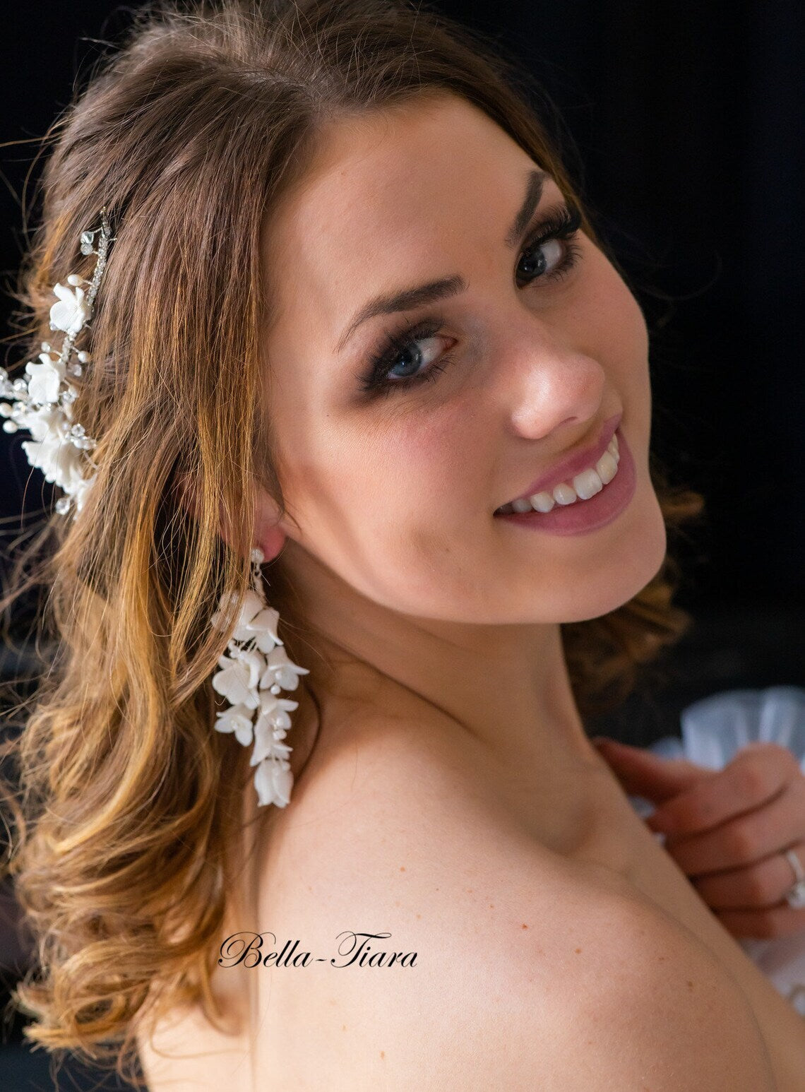 Juliet - Porcelain off white Floral drop bridal earrings