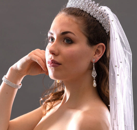 Gina - CZ pearl bridal drop earrings