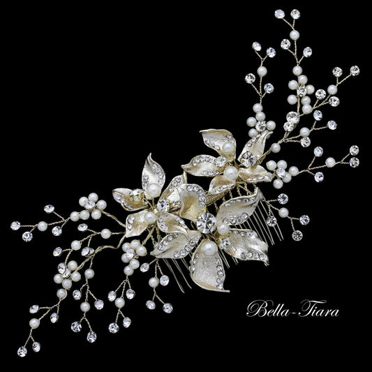 Brittany - Gold pearl crystal bridal comb