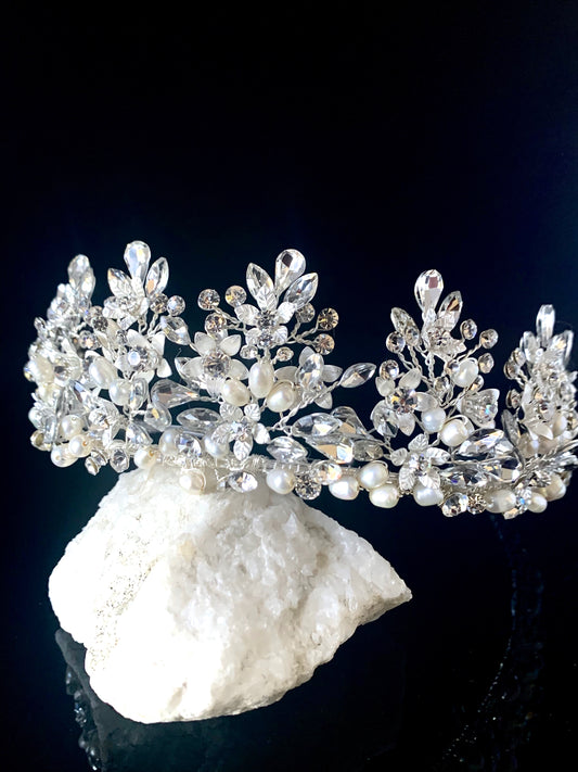 Kienna - Silver Swarovski Crystal and off white pearl wedding Tiara