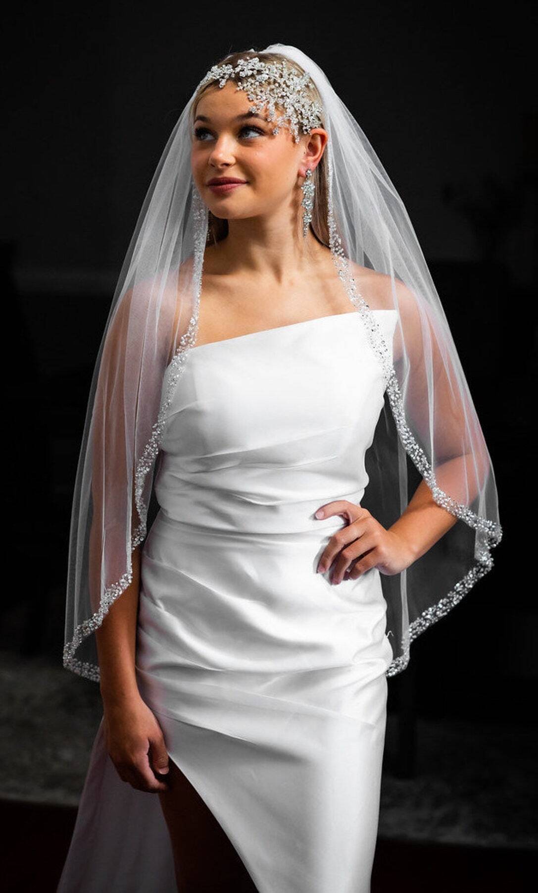 LUNA – Beaded royal cathedral crystal wedding veil - Free Blusher