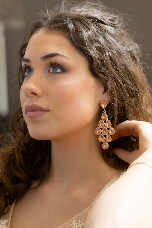 Janna, Rose gold crystal chandelier long drop earrings