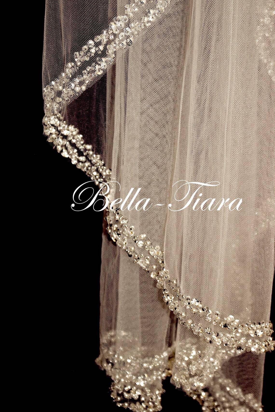 LUNA – Beaded crystal cathedral wedding veil - Free Blusher