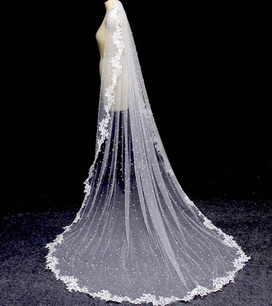 Yuliana - Beaded pearl lace cathedral veil