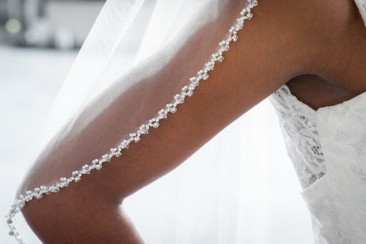 Carmelina – Enchanting Beaded pearl crystal edge wedding veil