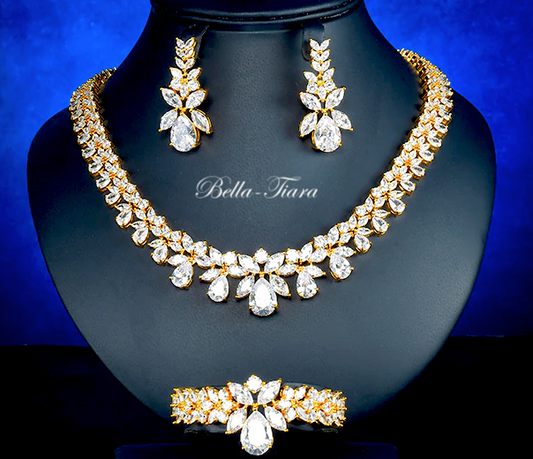 Stella - 14k gold plated CZ bridal necklace set with free bracelet