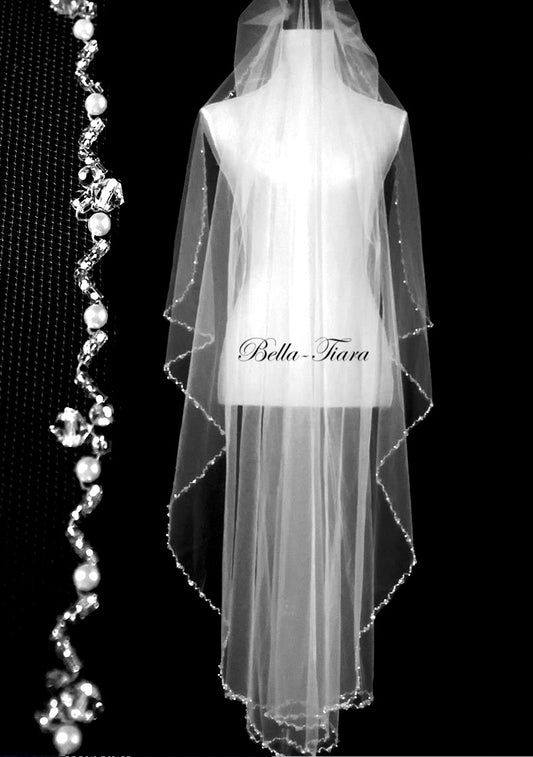 Katalina – Romantic cascading waltz crystal pearl edge wedding veil