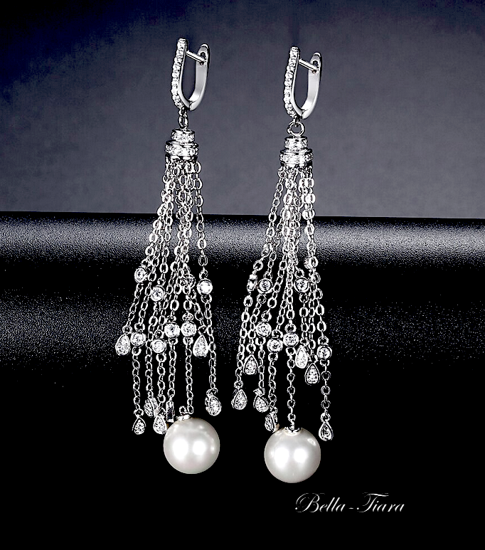 Dorena - Beautiful long drop pearl bridal earrings