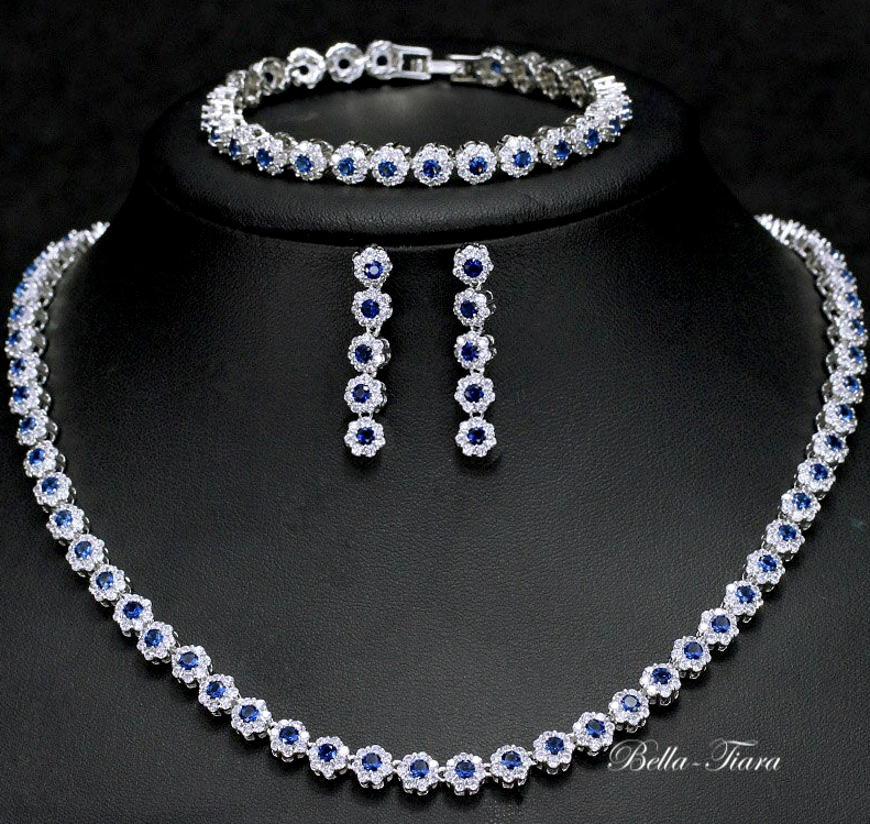 Celestina- Elegant 3pc CZ sapphire blue necklace set