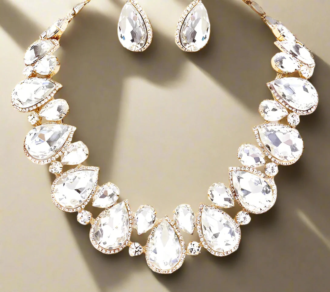 Dominique - Crystal gold Statement necklace set