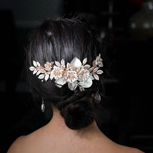 Nadia-  light champagne rose gold crystal Pearl wedding comb