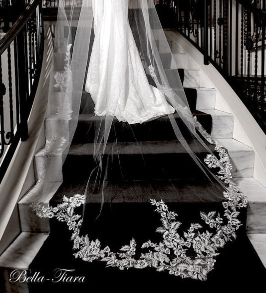 Floral beaded lace cathedral wedding veil with Free Blusher