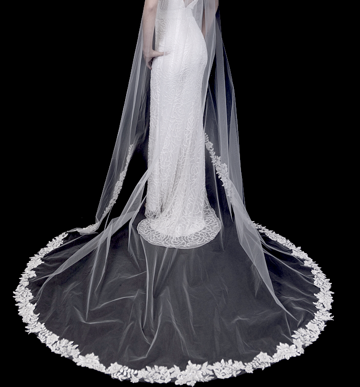 Fioramore - Beaded floral lace trim cathedral veil with Free blusher