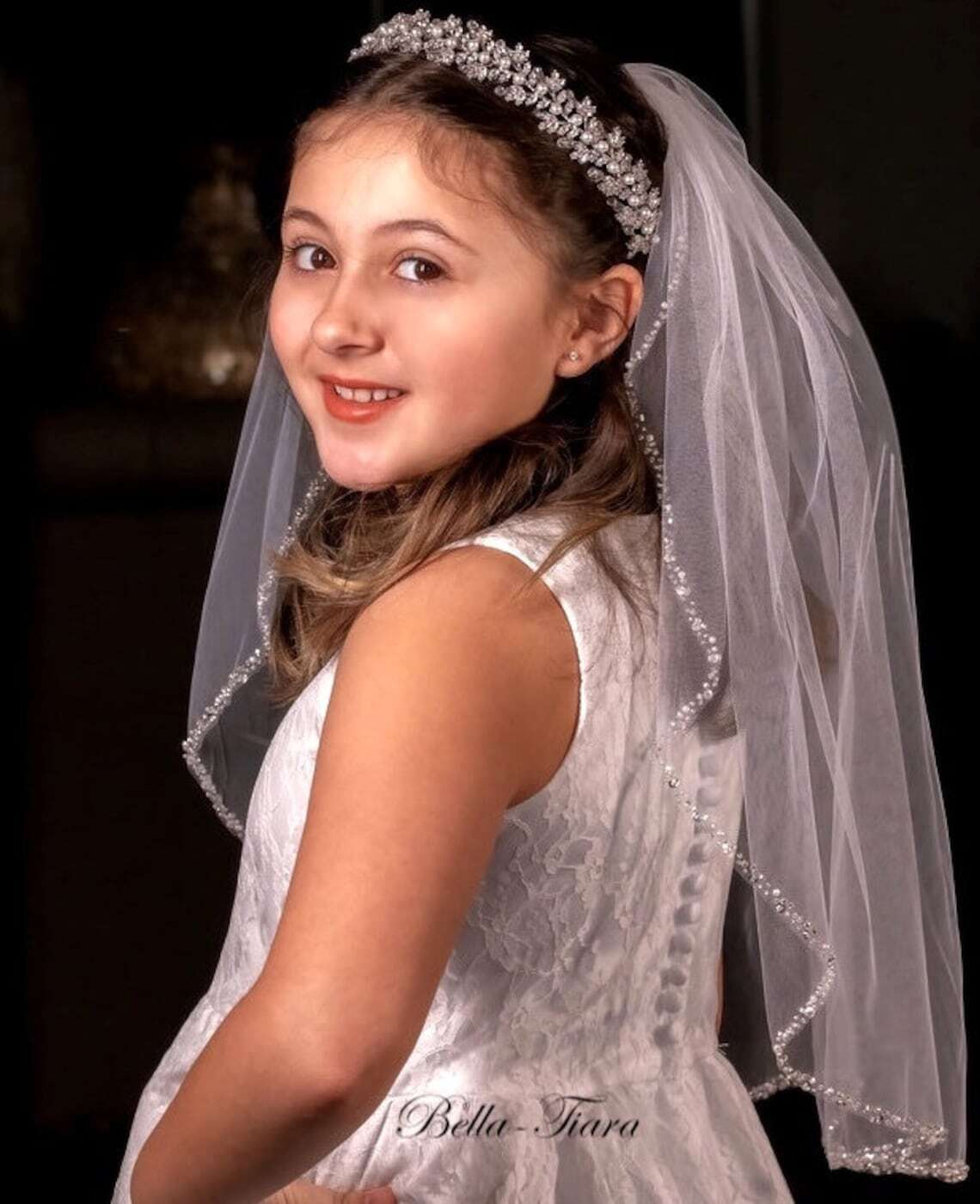 Vittoria - Beaded crystal pearl trim first communion veil