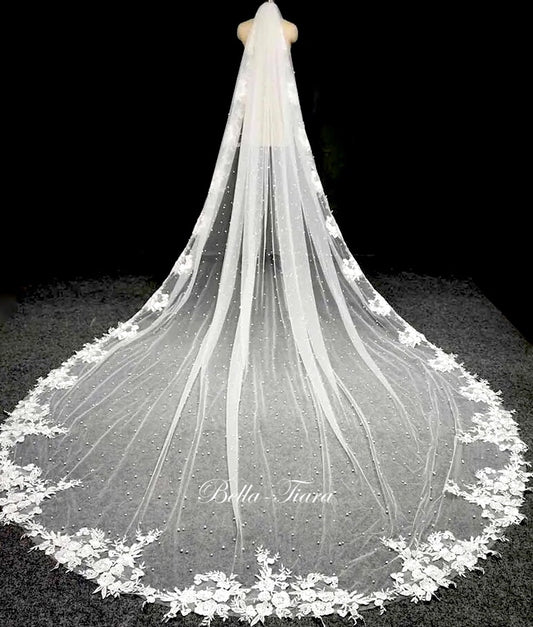 Ariel - scattered pearl flower lace cathedral veil