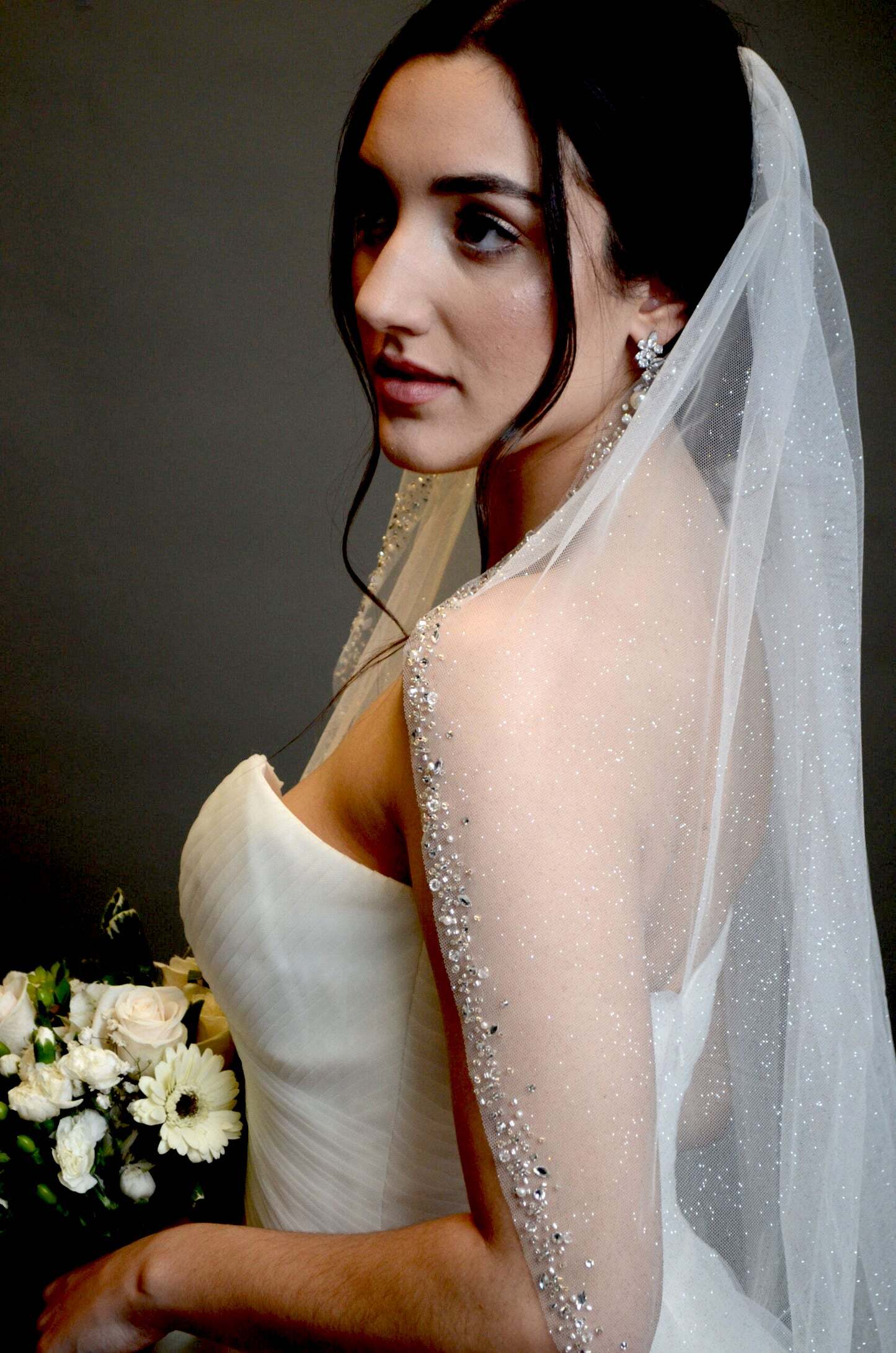 Raimona– Stunning pearl crystal beaded shimmer wedding veil