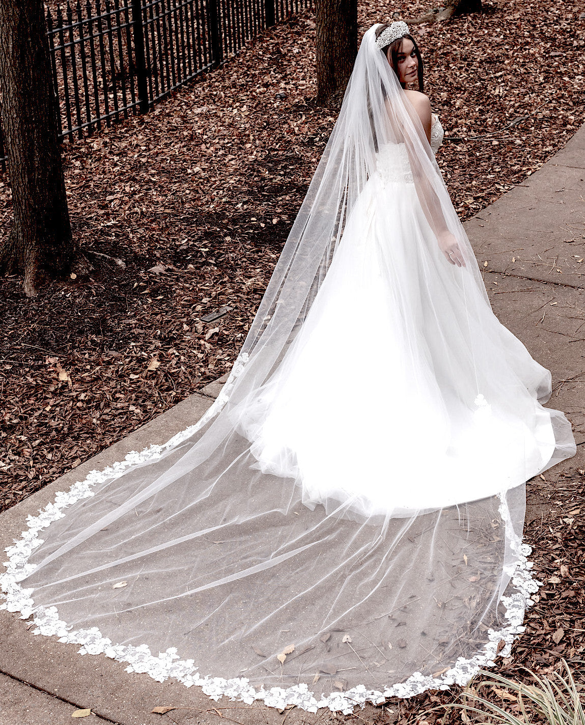 Beaded floral lace long cathedral wedding veil, Off White Beaded floral lace long cathedral wedding veil, Off White